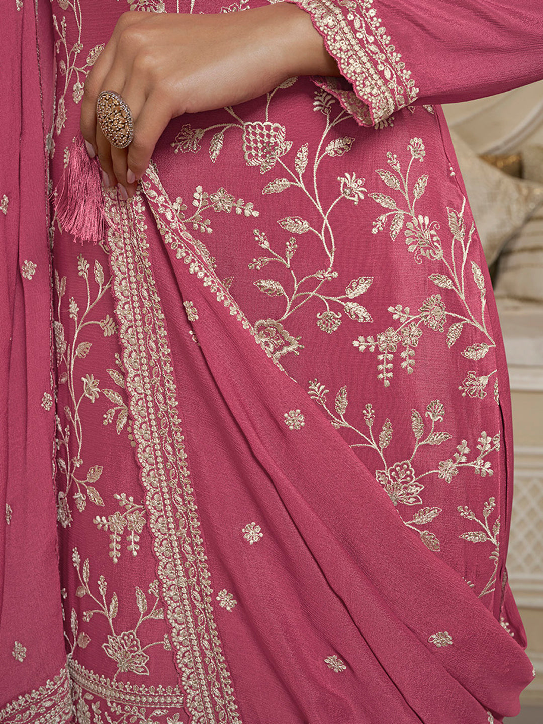 Deep Rose Floral Pattern, Thread & Sequins Embroidered Sharara Suit Set Product vendor