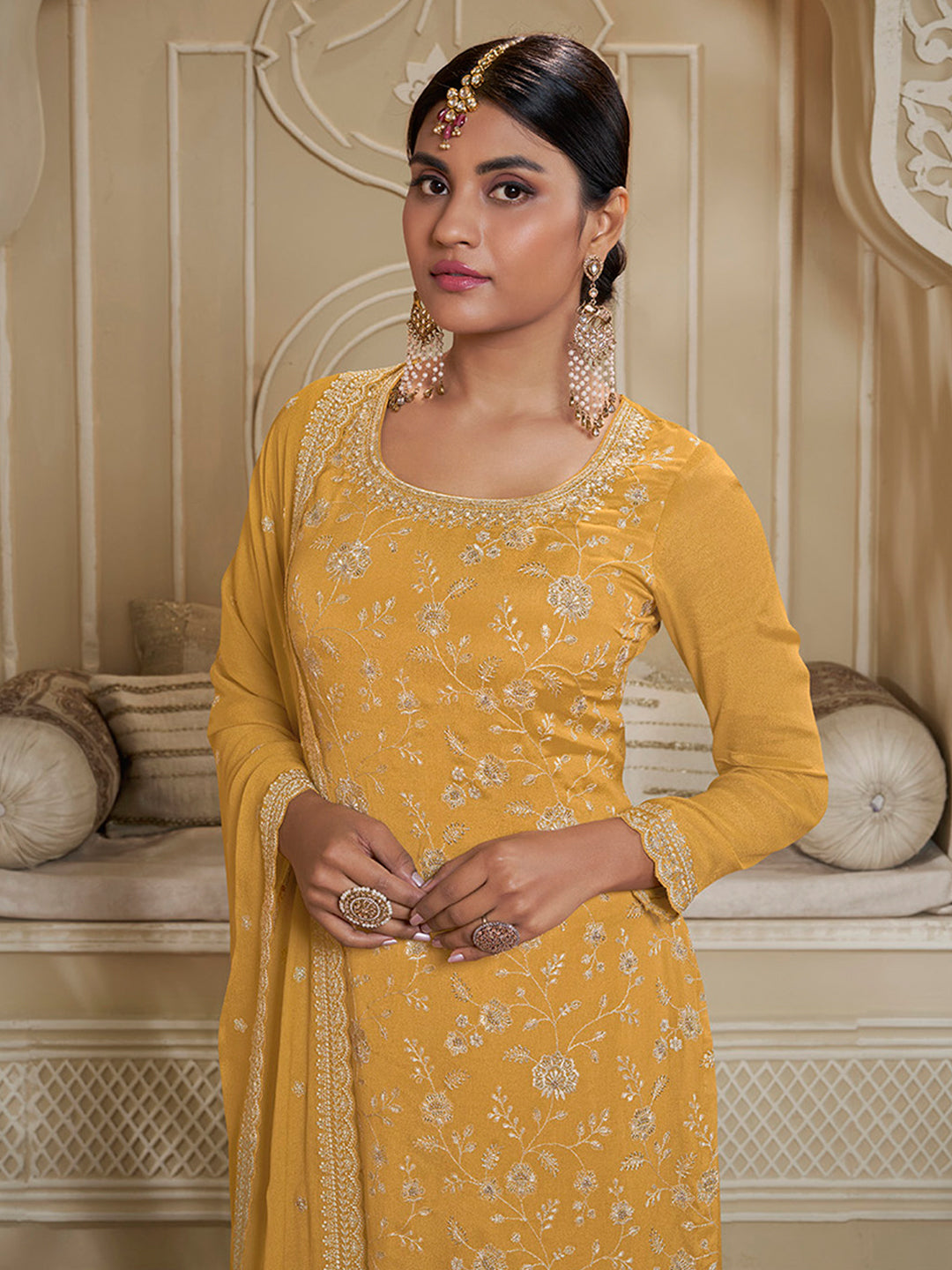 Yellow Floral Pattern, Thread & Sequins Embroidered Sharara Suit Set Product vendor