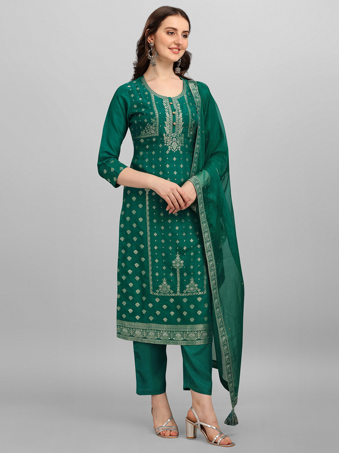 Green Panel Jacquard Kurta Suit Set Product vendor