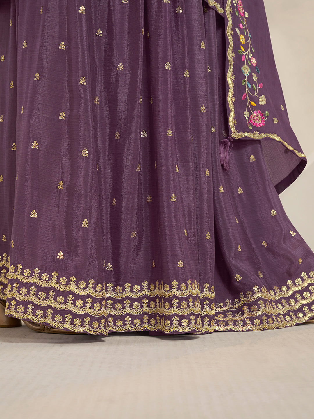 Purple Multi Colour Floral Thread & Embroidered Sharara Suit Set Product vendor