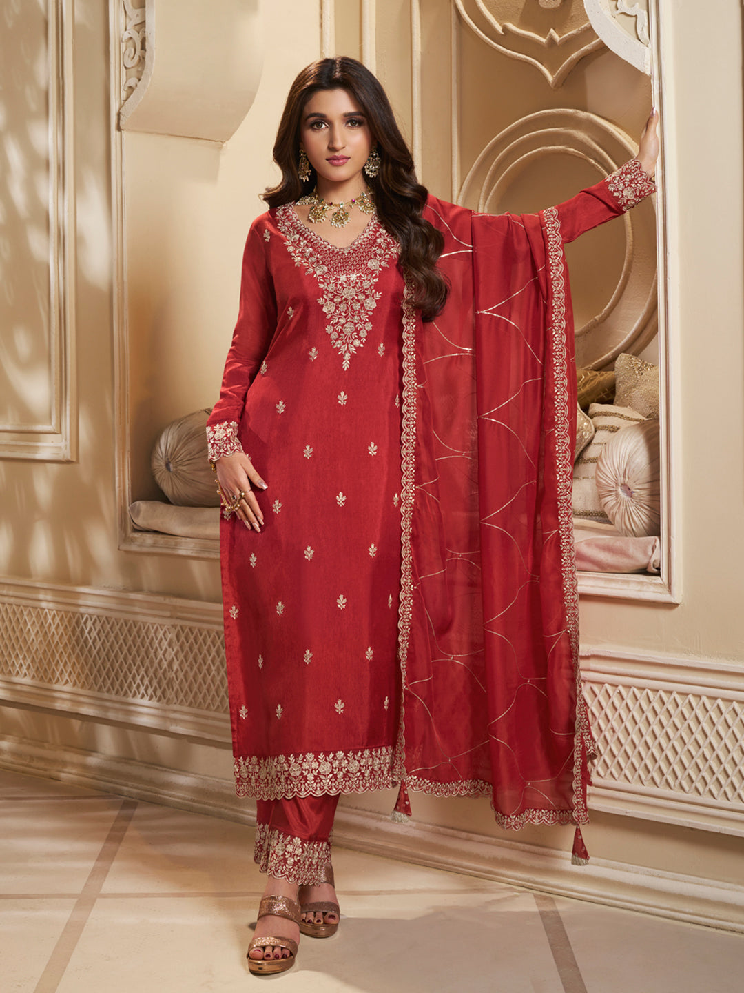 Floral + Geometric thread work & Hanging Pearl on Daman Kurta With Straight Pant & Dupatta Product vendor