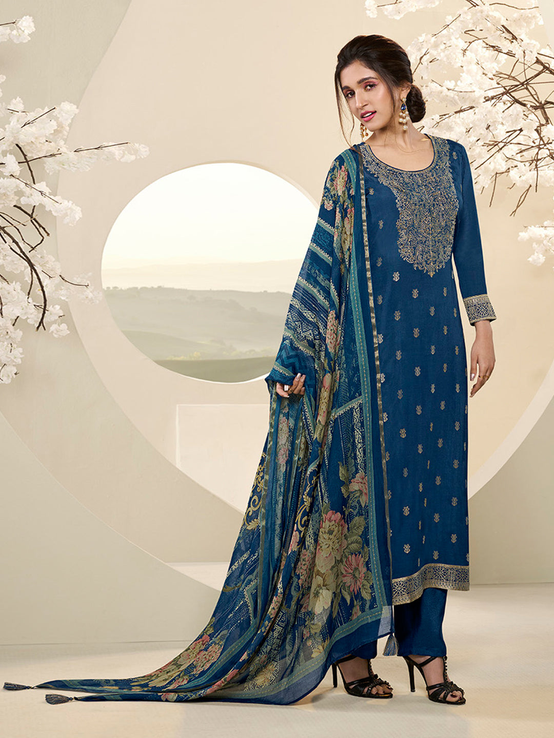 Muslin Jacquard Kurta Suit Set with Pencil Sketch Weave Handwork on Yoke Product vendor