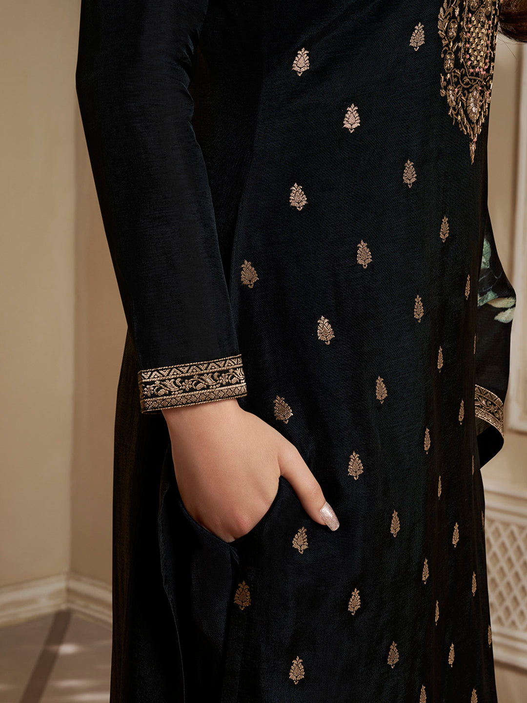 Dola Silk Jacquard Kurta With designer Yoke and handwork  with trousers and Dupatta Product vendor