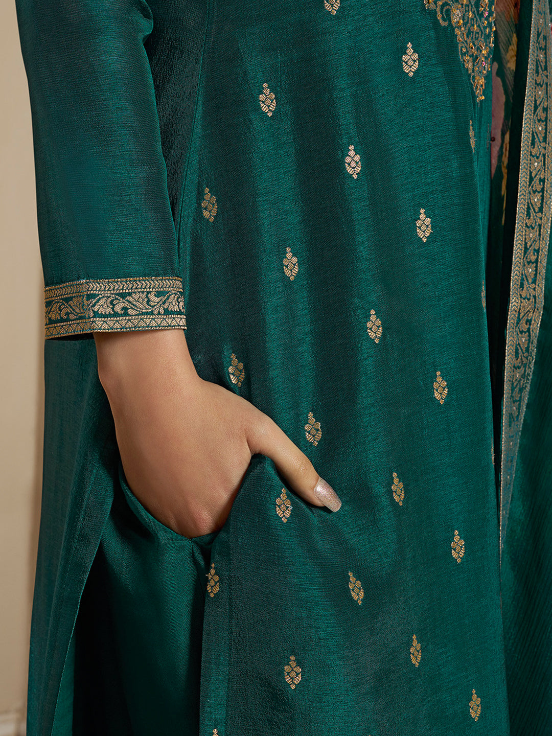Dola Silk Jacquard Kurta With designer Yoke and handwork  with trousers and Dupatta Product vendor