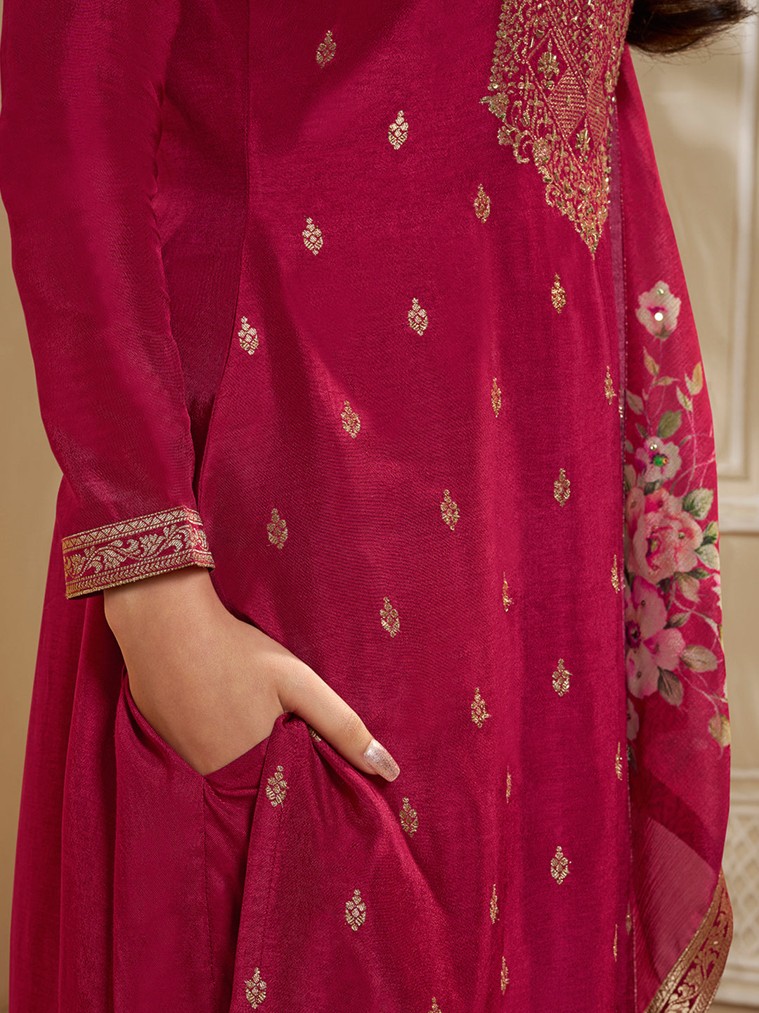 Dola Silk Jacquard Kurta With designer Yoke and handwork  with trousers and Dupatta Product vendor