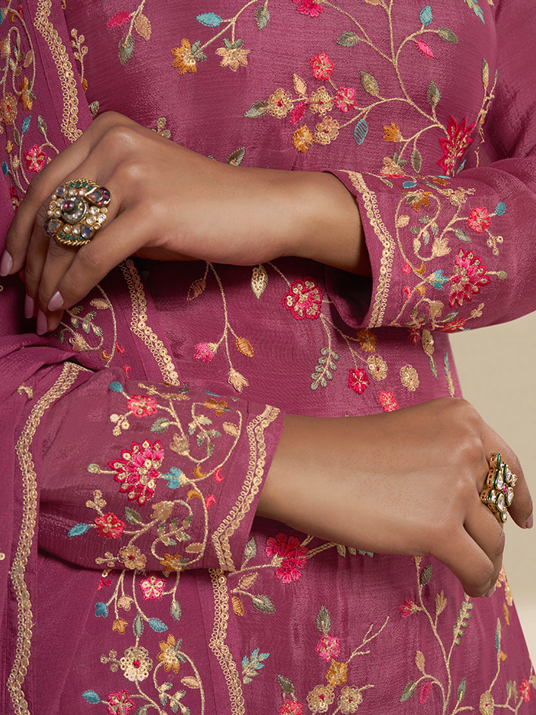 Dark Pink Multi Colour Floral Thread & Embroidered Sharara Suit Set Product vendor