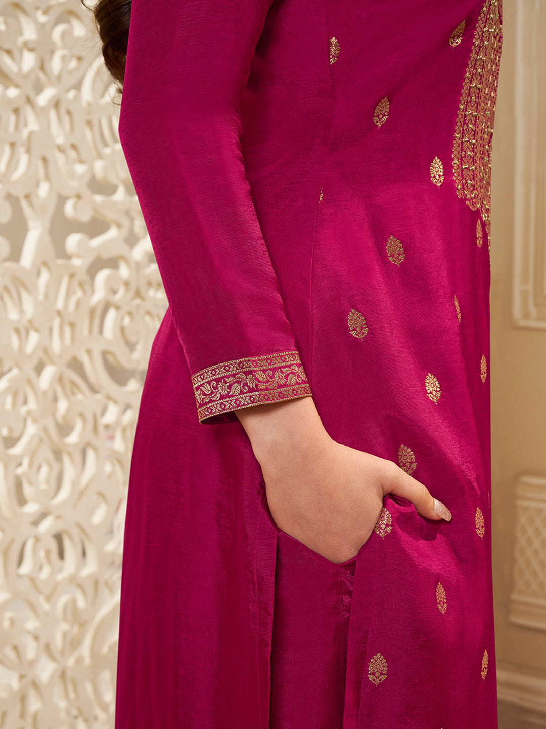Dola Silk Jacquard Kurta With designer Yoke and handwork  with trousers and Dupatta Product vendor