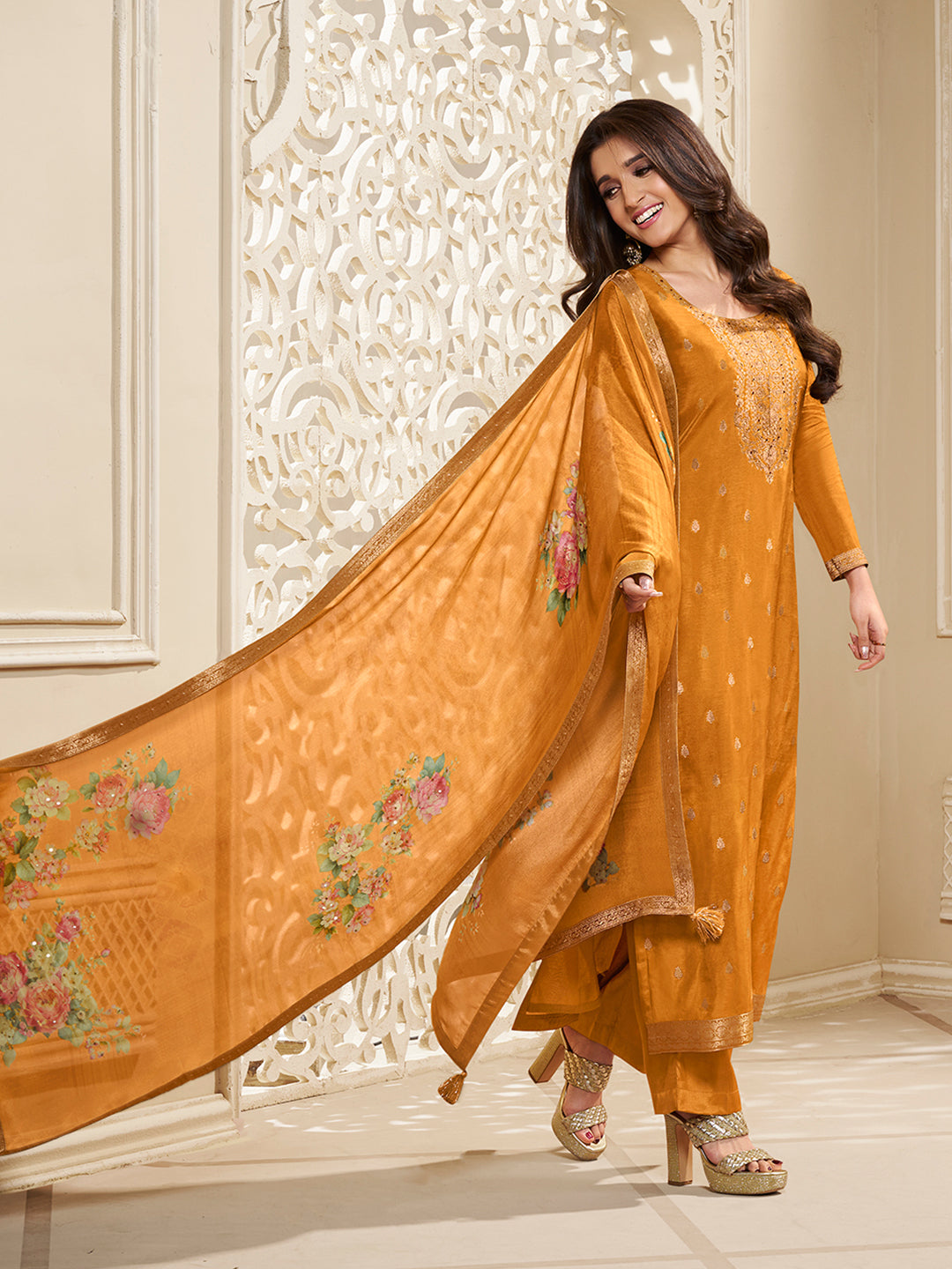 Dola Silk Jacquard Kurta With designer Yoke and handwork  with trousers and Dupatta Product vendor
