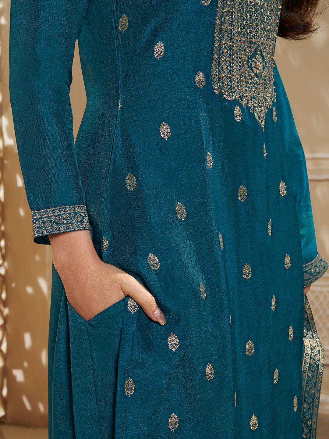 Dola Silk Jacquard Kurta With designer Yoke and handwork  with trousers and Dupatta Product vendor