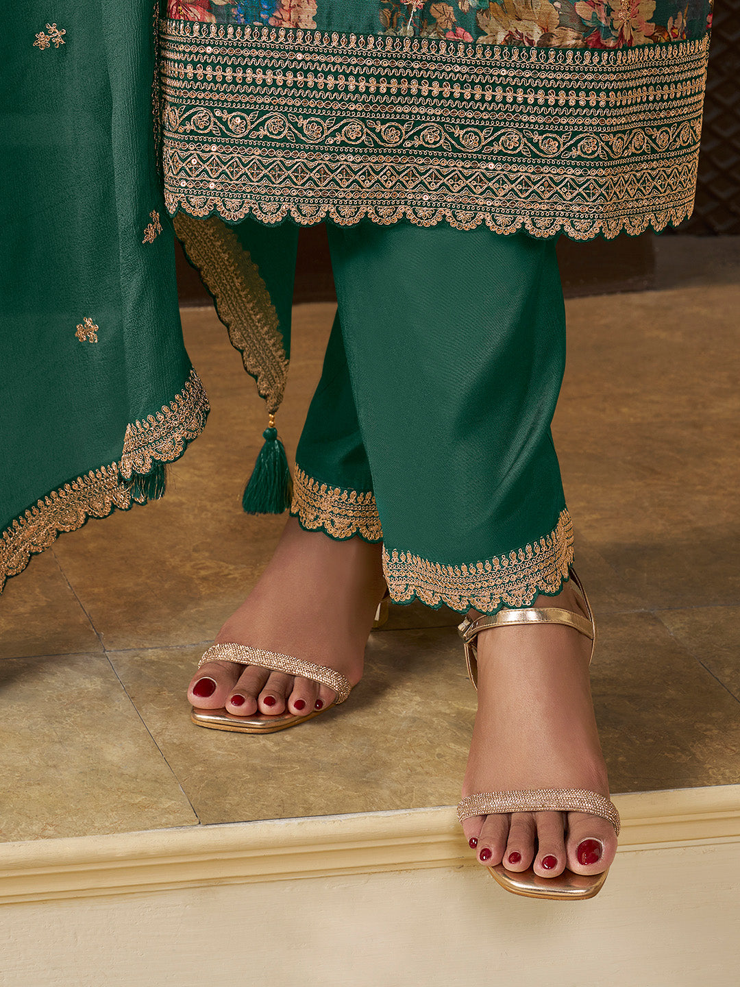 Green Chinon Floral Printed Top with Embroidery Kurta Suit Set