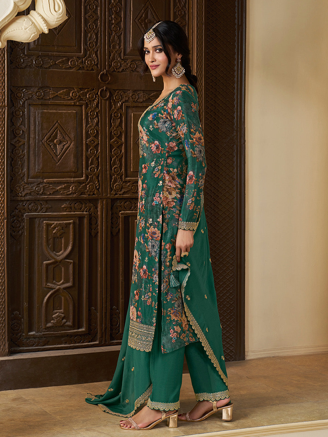 Green Chinon Floral Printed Top with Embroidery Kurta Suit Set