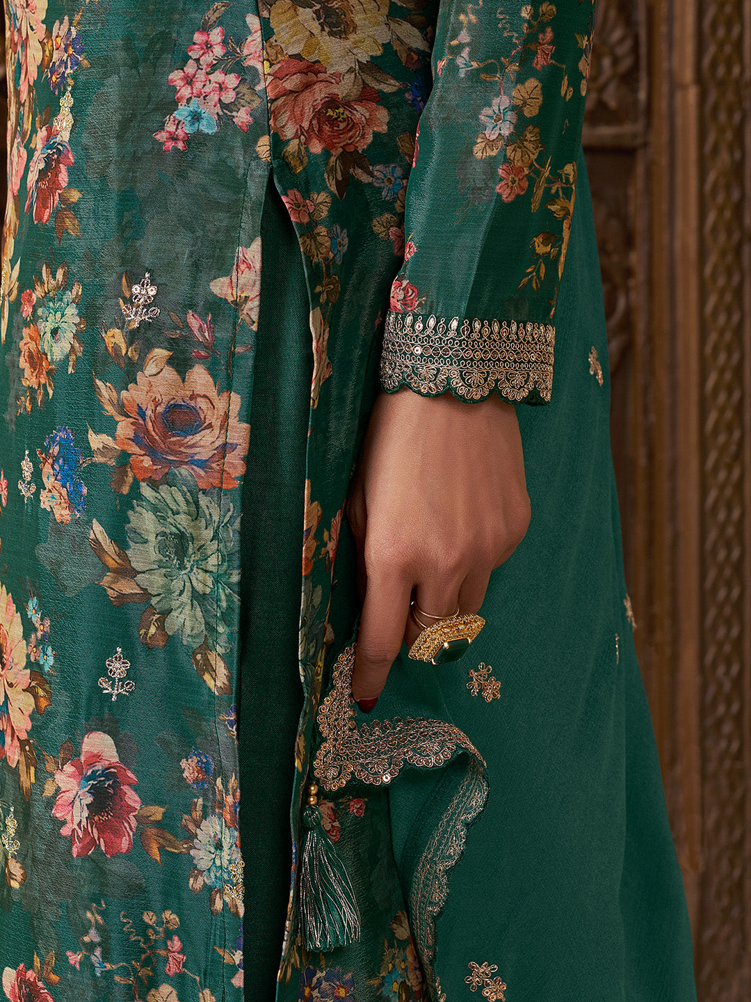Green Chinon Floral Printed Top with Embroidery Kurta Suit Set