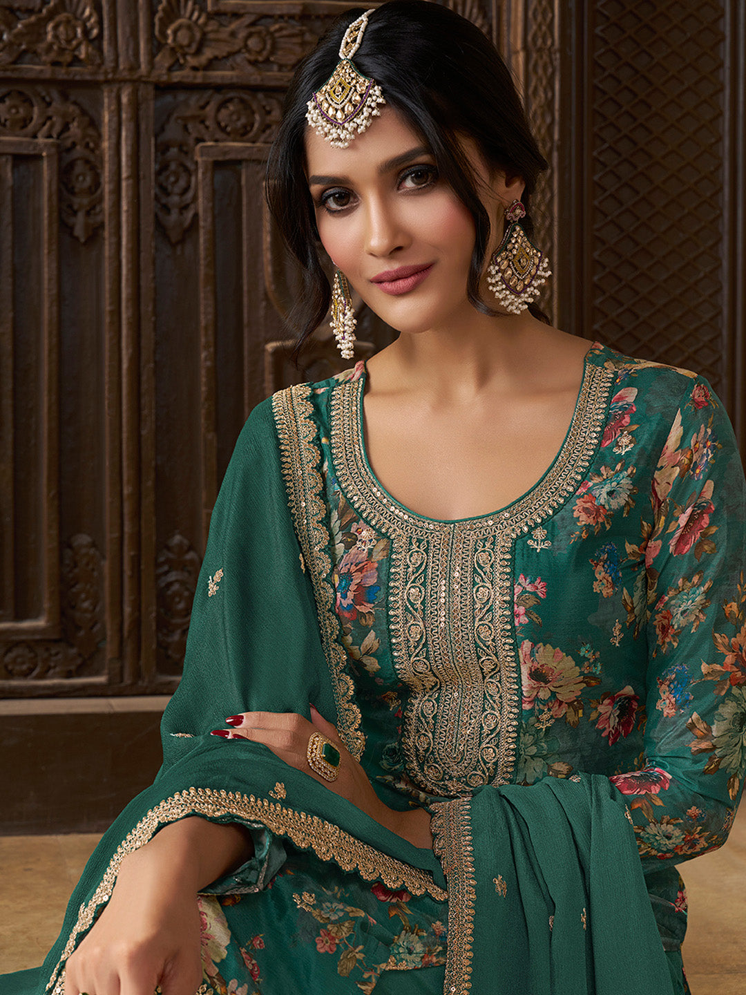 Green Chinon Floral Printed Top with Embroidery Kurta Suit Set