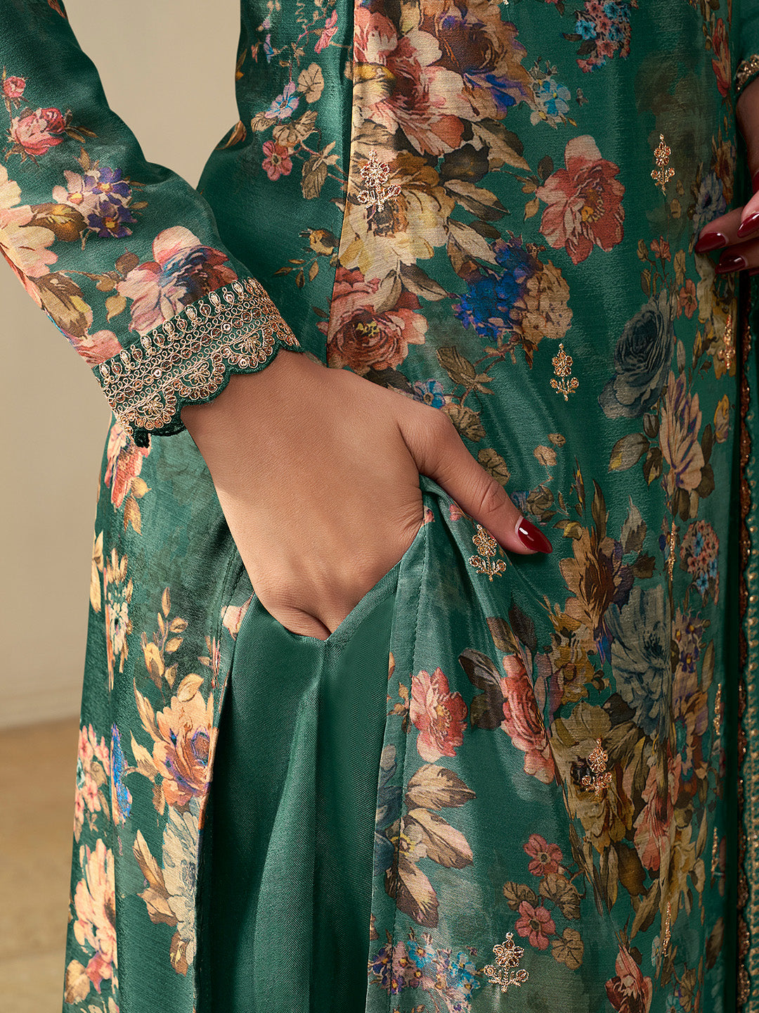 Green Chinon Floral Printed Top with Embroidery Kurta Suit Set