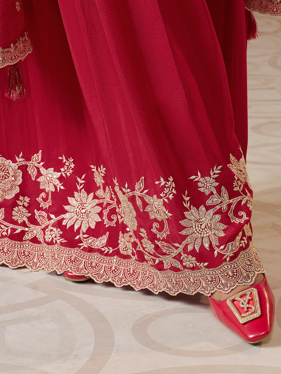 Red Chinon Top with Thread Embroidery and Sharara Suit Set