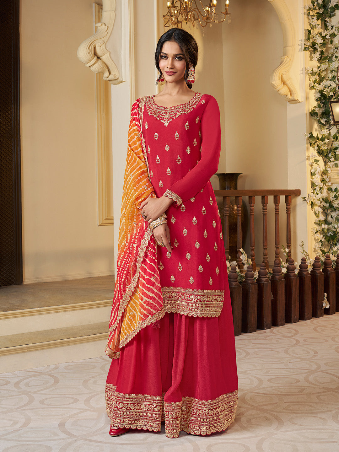 Red Chinon Embroidered Top with Matching Sharara and Dupatta Suit Set