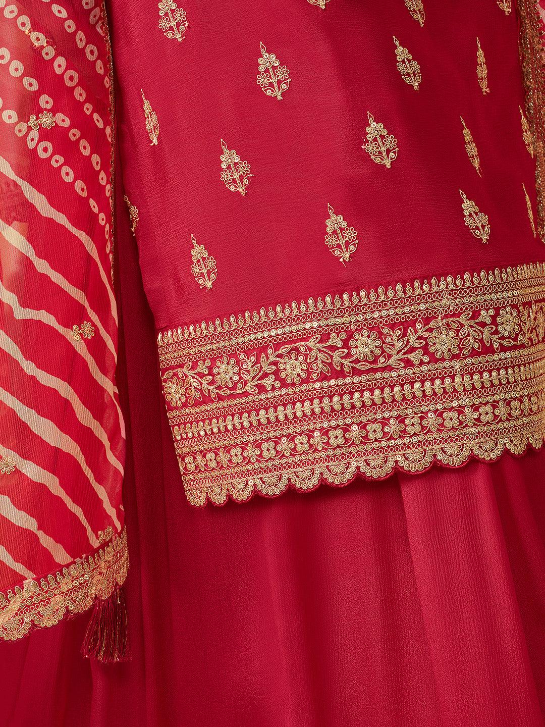 Red Chinon Embroidered Top with Matching Sharara and Dupatta Suit Set