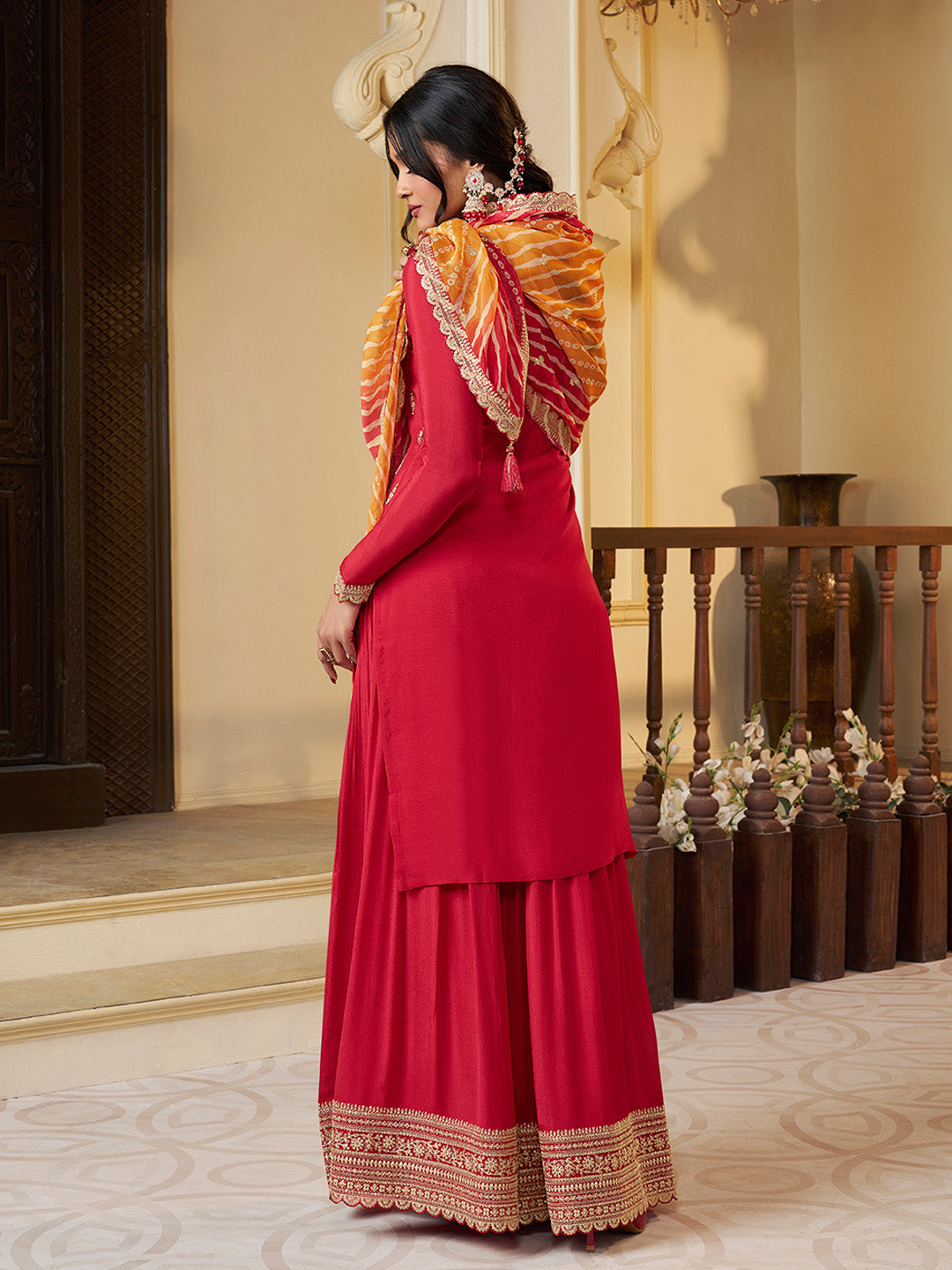 Red Chinon Embroidered Top with Matching Sharara and Dupatta Suit Set