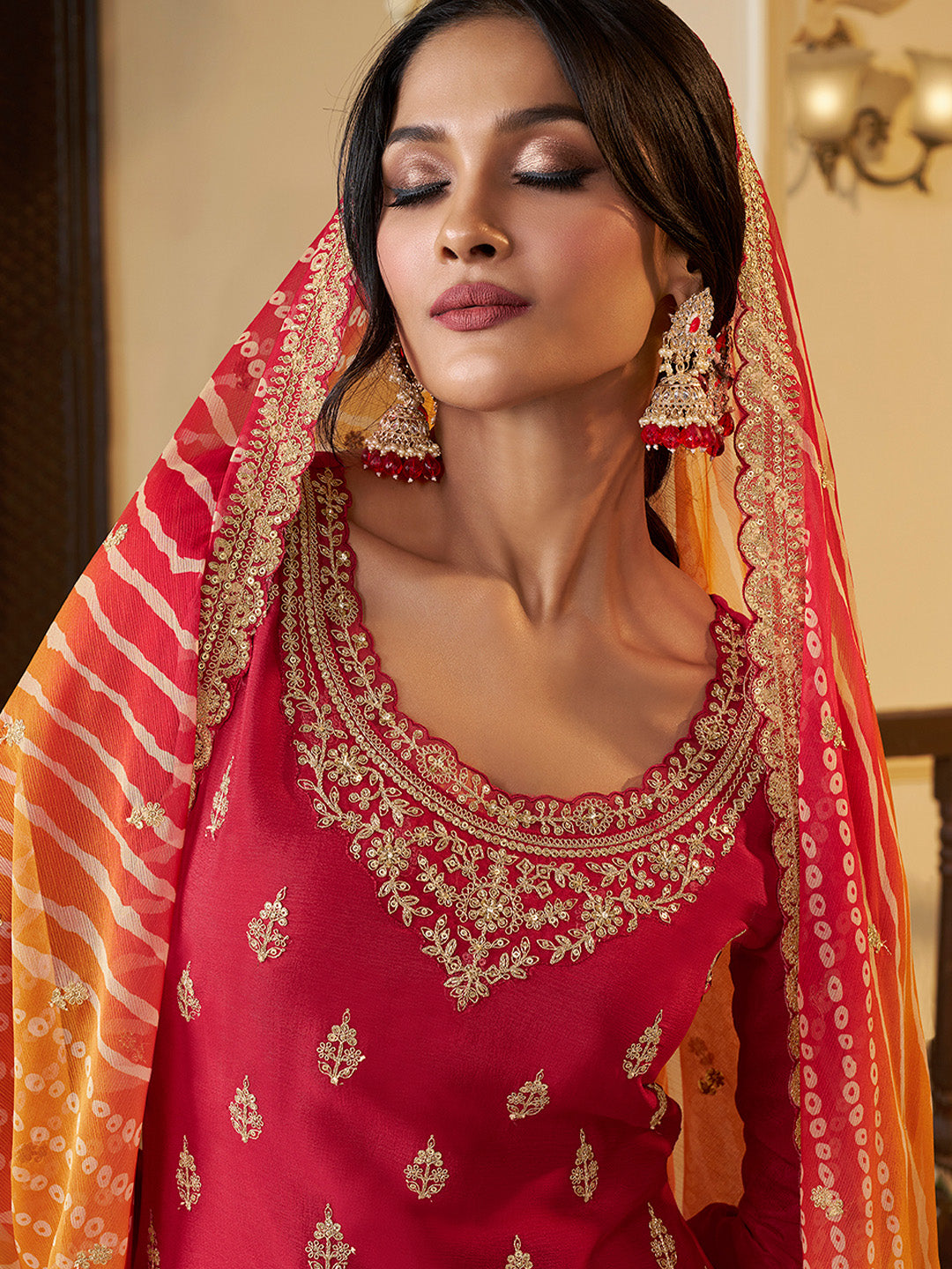 Red Chinon Embroidered Top with Matching Sharara and Dupatta Suit Set