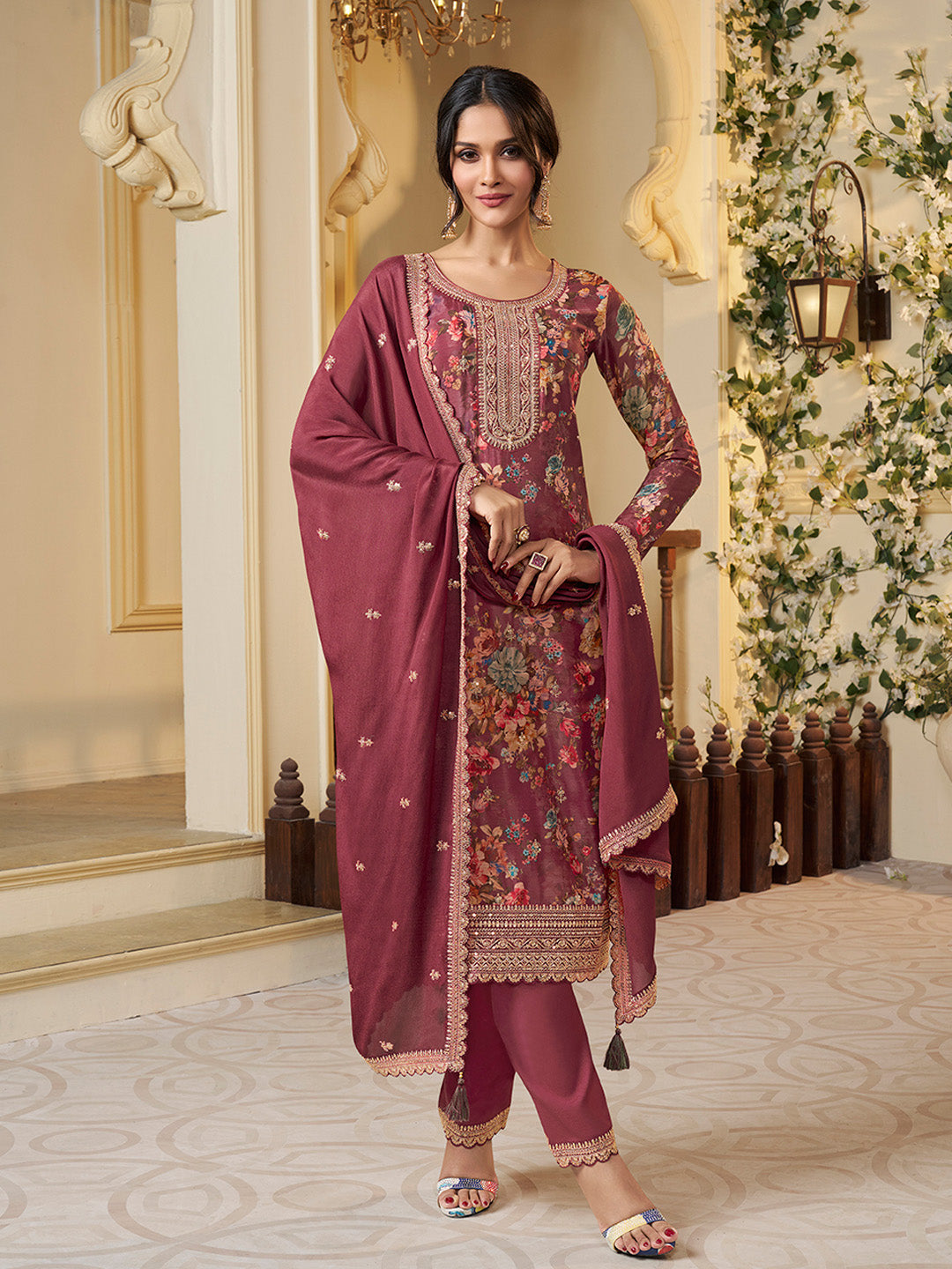 Red Chinon Floral Printed Top with Embroidery Kurta Suit Set