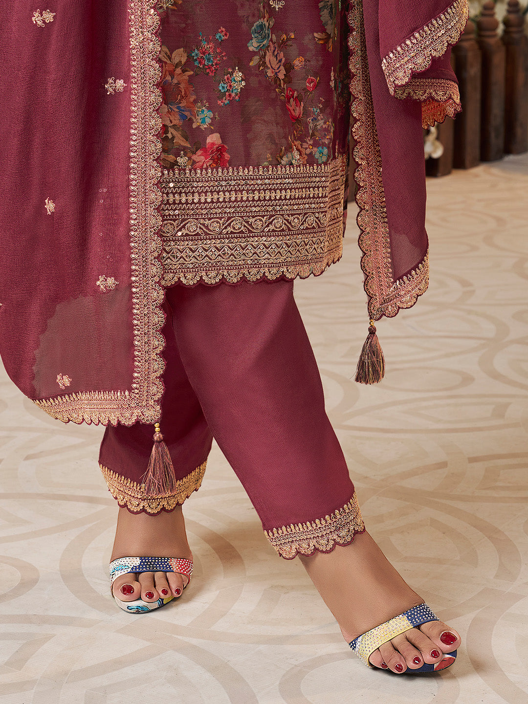 Red Chinon Floral Printed Top with Embroidery Kurta Suit Set