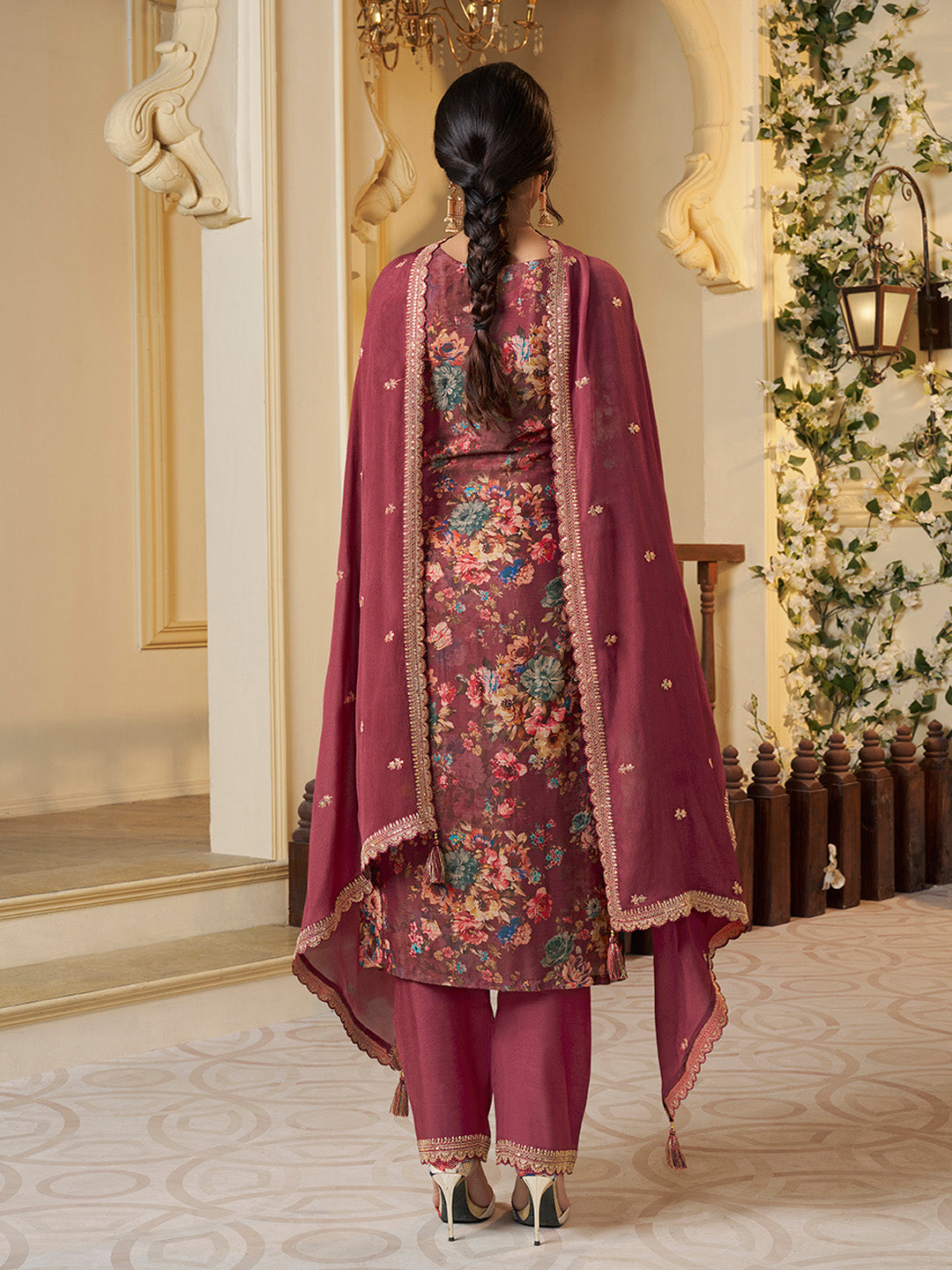 Red Chinon Floral Printed Top with Embroidery Kurta Suit Set