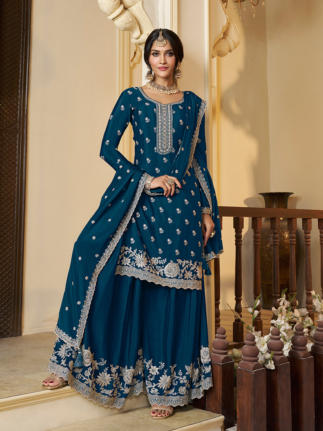 Blue Chinon Top with Thread Embroidery and Sharara Suit Set