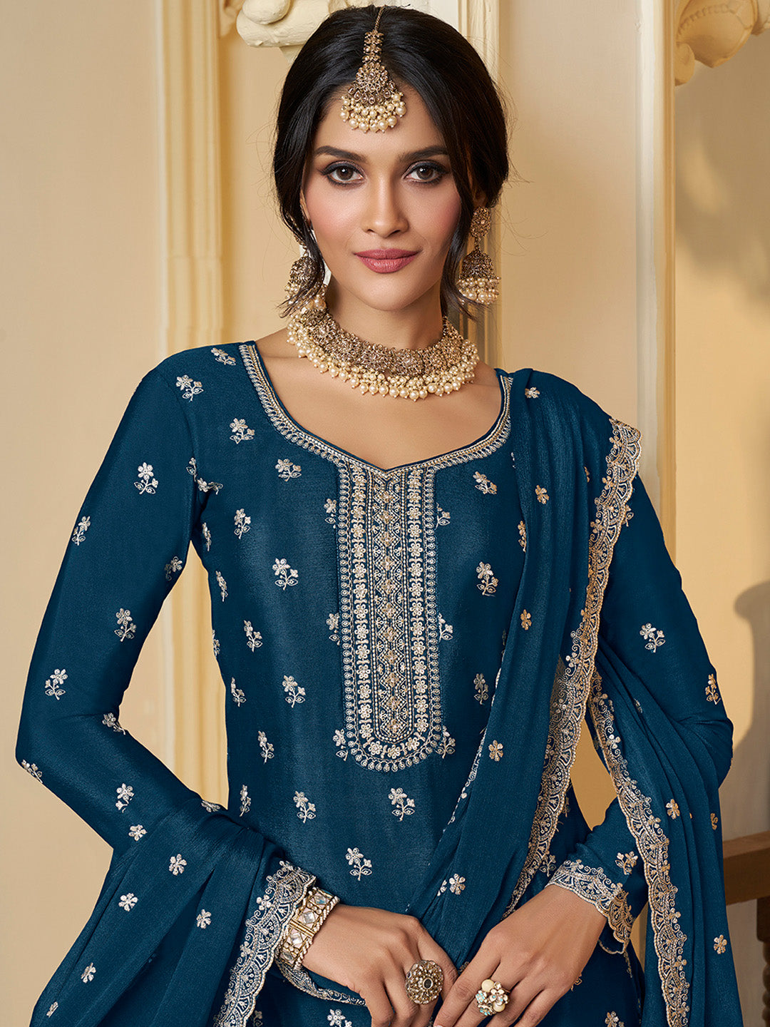 Blue Chinon Top with Thread Embroidery and Sharara Suit Set