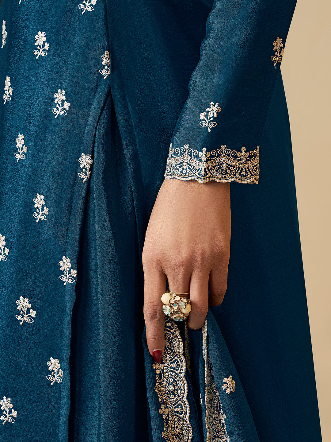 Blue Chinon Top with Thread Embroidery and Sharara Suit Set