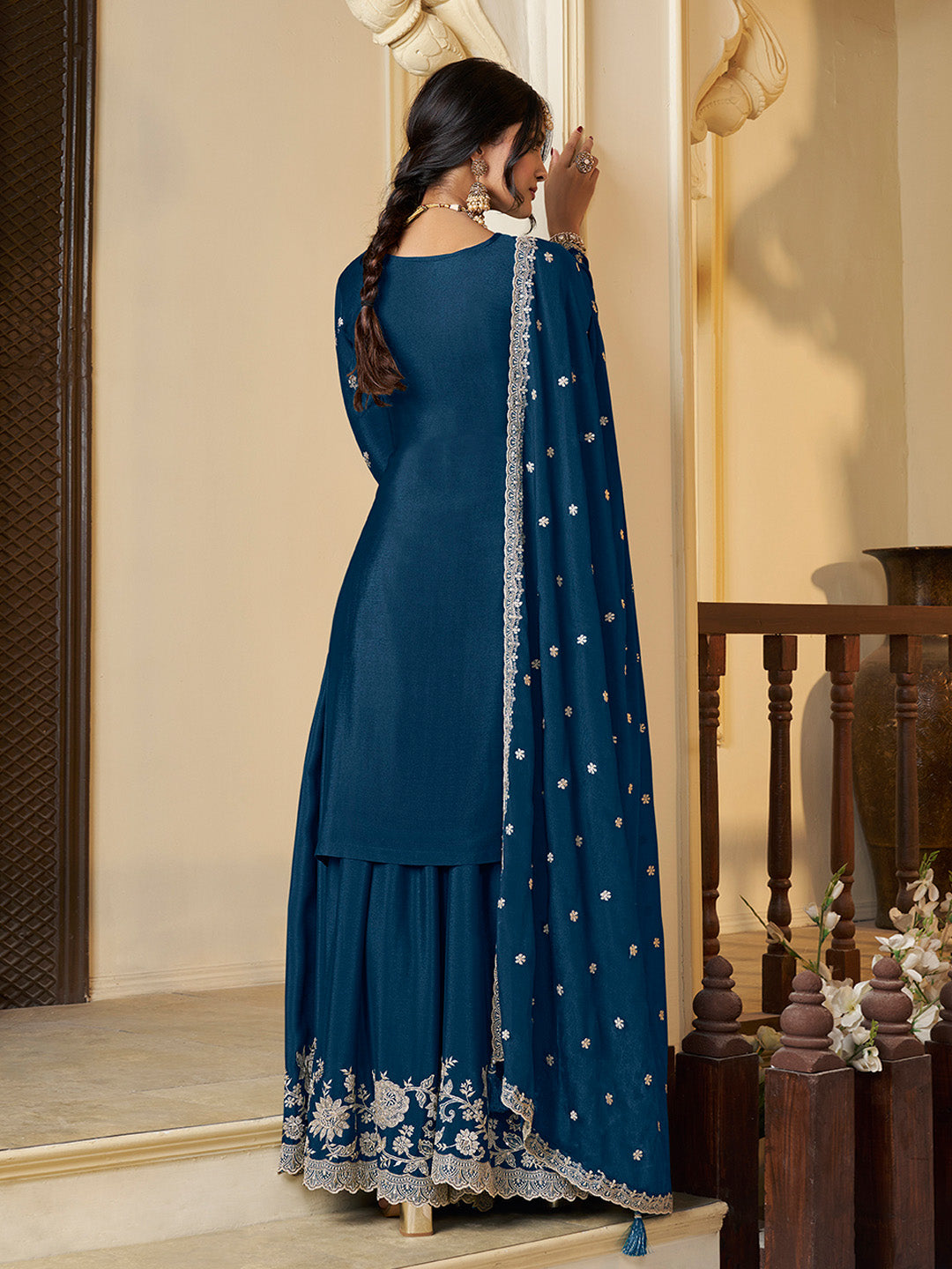Blue Chinon Top with Thread Embroidery and Sharara Suit Set