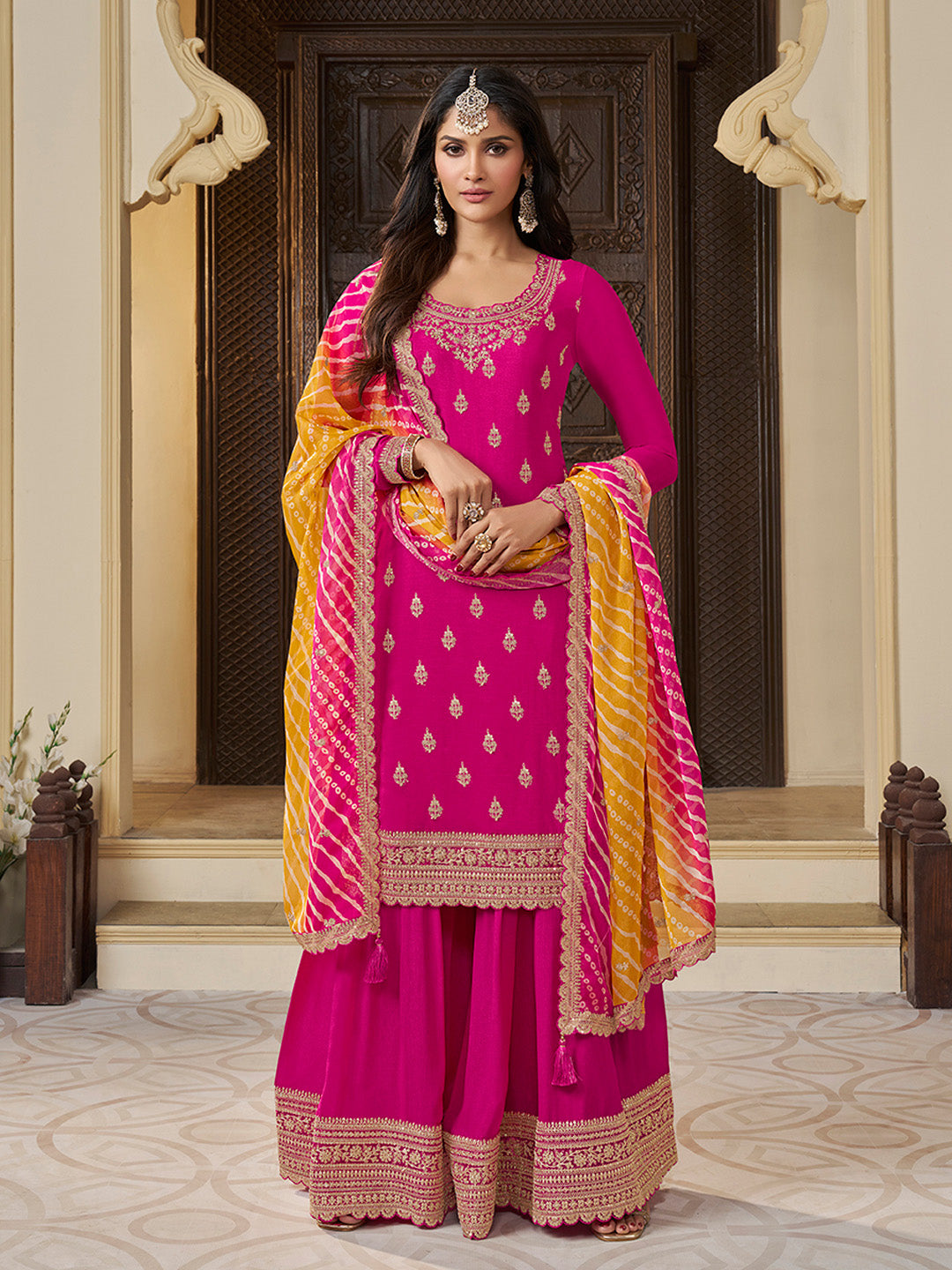 Pink Chinon Embroidered Top with Matching Sharara and Dupatta Suit Set