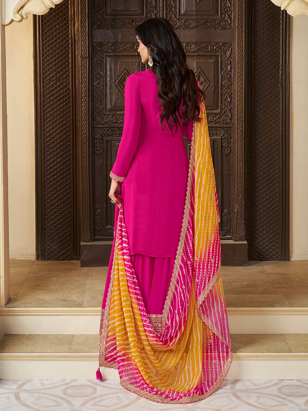 Pink Chinon Embroidered Top with Matching Sharara and Dupatta Suit Set