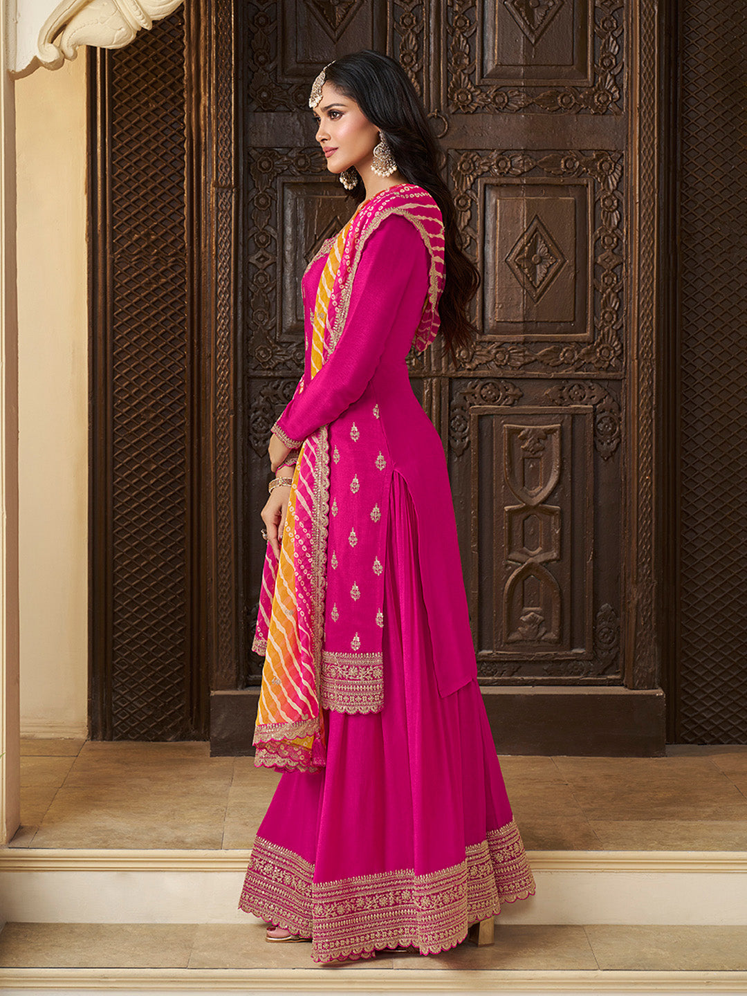 Pink Chinon Embroidered Top with Matching Sharara and Dupatta Suit Set