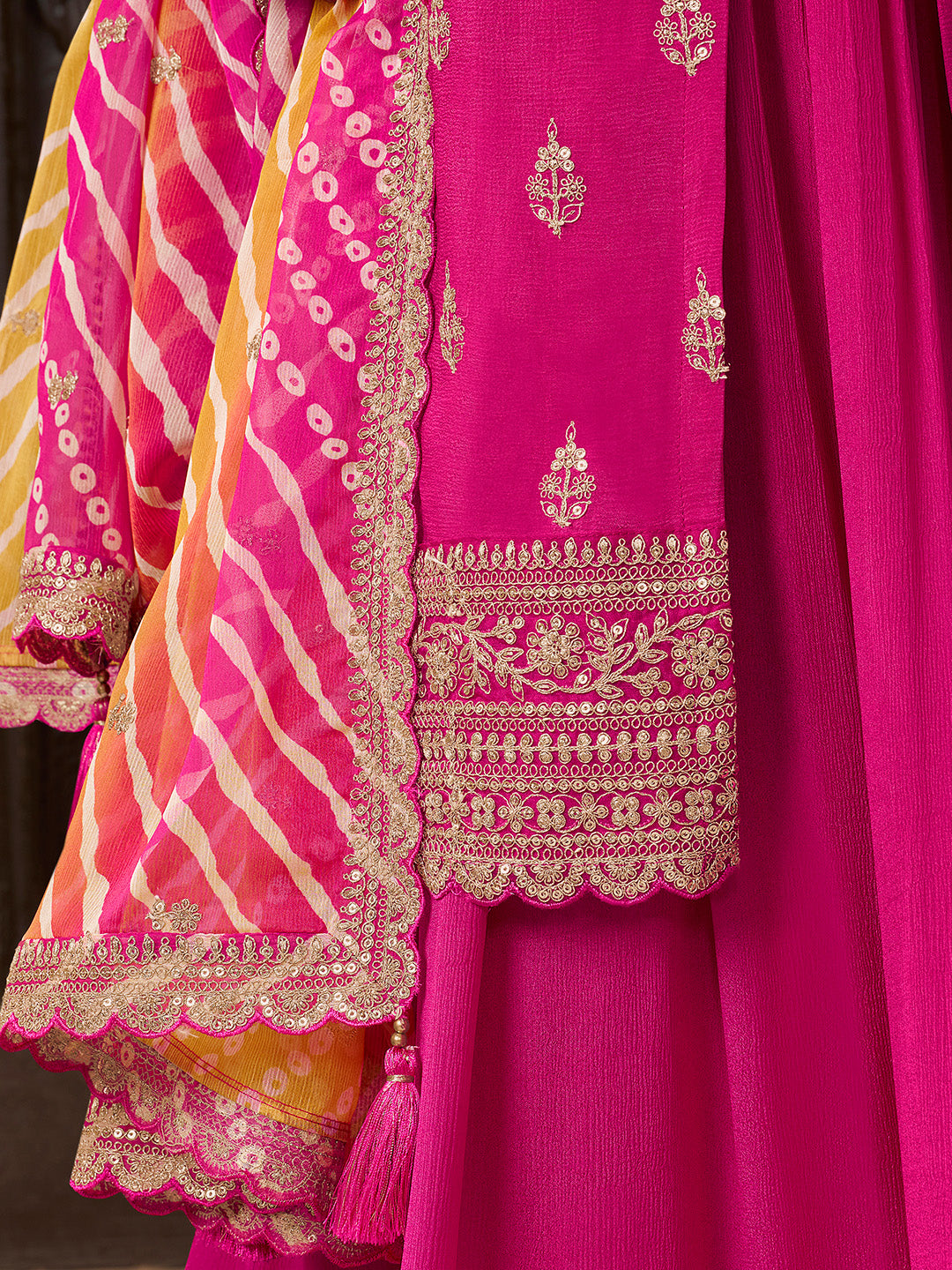 Pink Chinon Embroidered Top with Matching Sharara and Dupatta Suit Set
