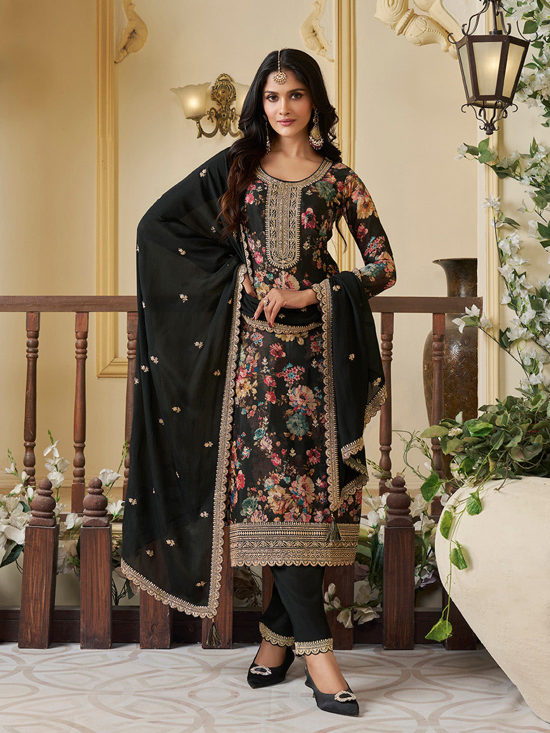 Black Chinon Floral Printed Top with Embroidery Kurta Suit Set