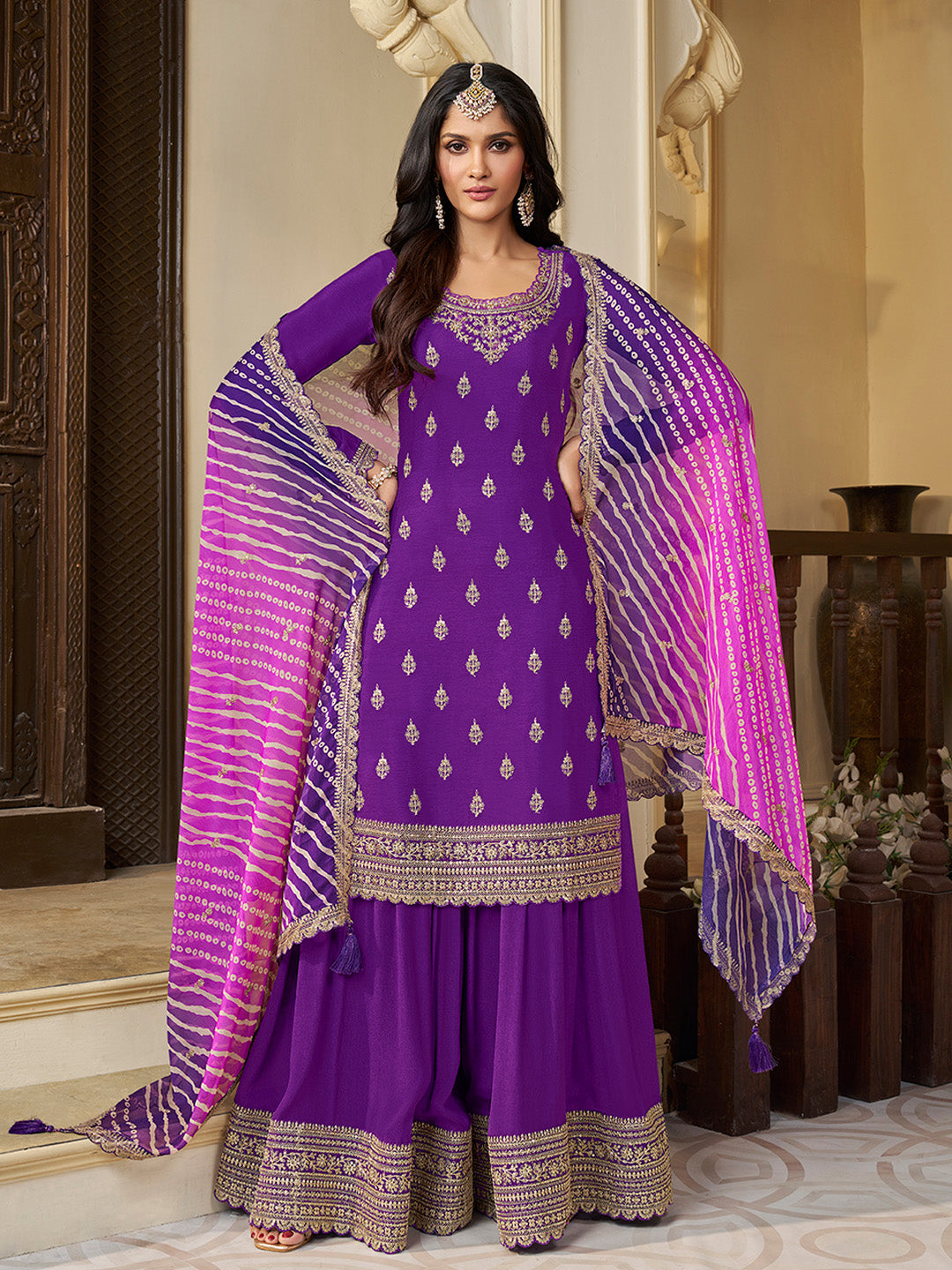 Purple Chinon Embroidered Top with Matching Sharara and Dupatta Suit Set