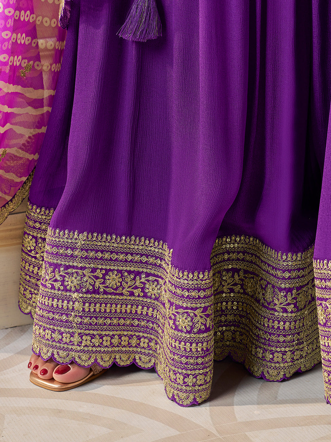 Purple Chinon Embroidered Top with Matching Sharara and Dupatta Suit Set