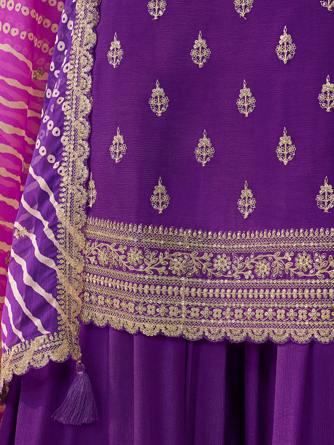 Purple Chinon Embroidered Top with Matching Sharara and Dupatta Suit Set