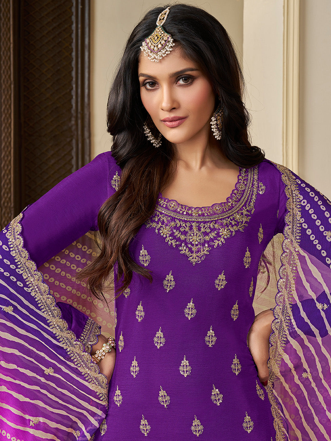 Purple Chinon Embroidered Top with Matching Sharara and Dupatta Suit Set