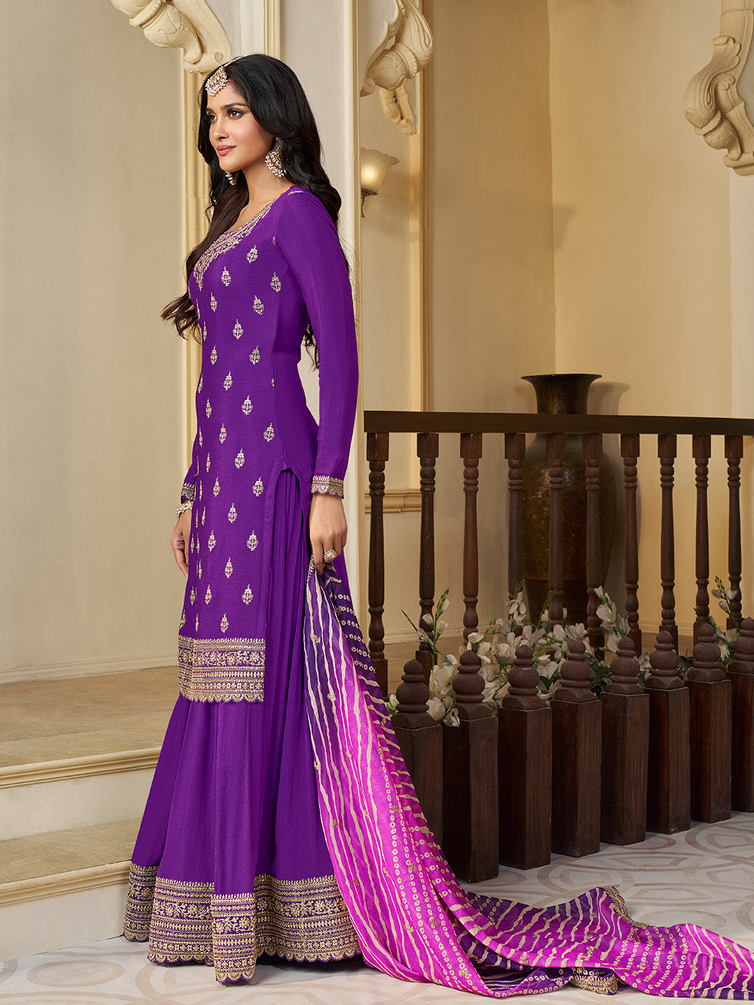 Purple Chinon Embroidered Top with Matching Sharara and Dupatta Suit Set