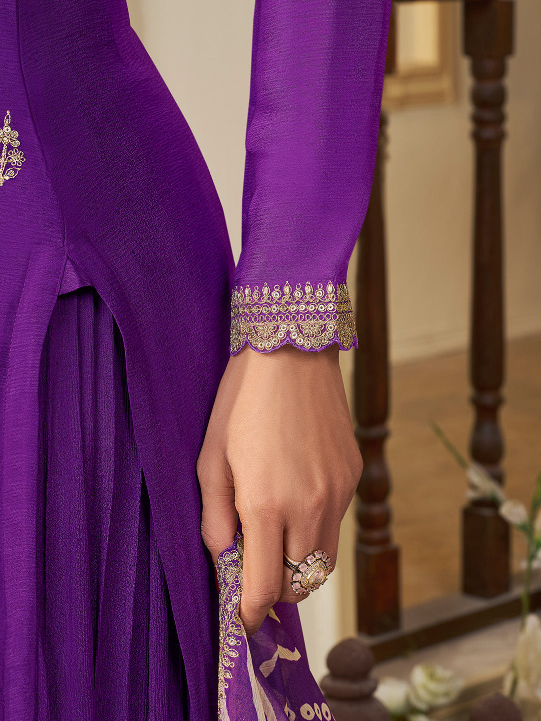 Purple Chinon Embroidered Top with Matching Sharara and Dupatta Suit Set
