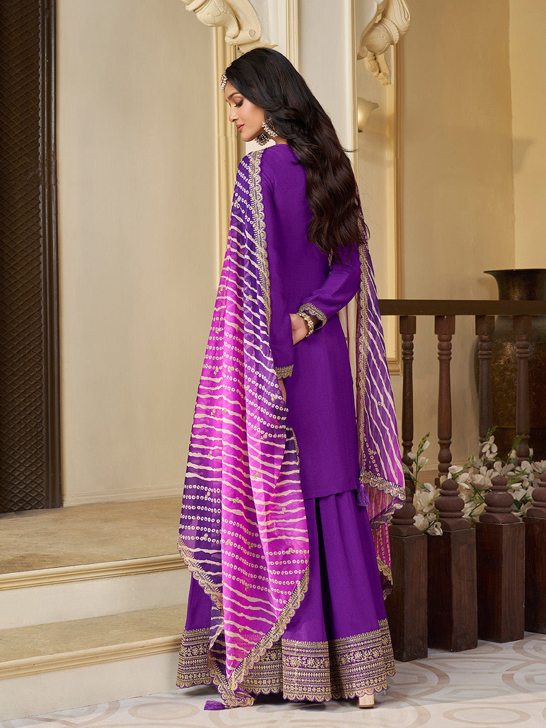 Purple Chinon Embroidered Top with Matching Sharara and Dupatta Suit Set