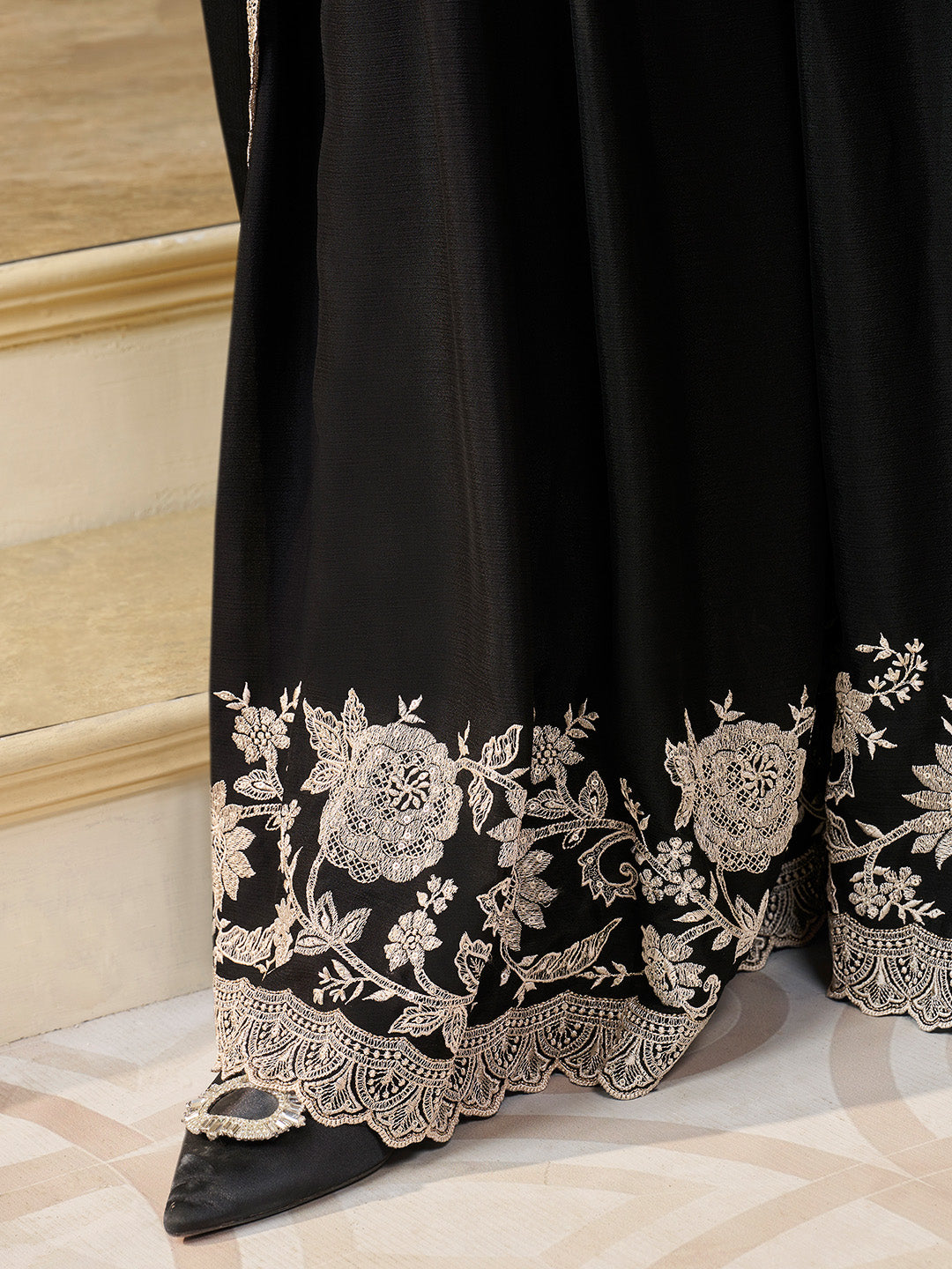 Black Chinon Top with Thread Embroidery and Sharara Suit Set