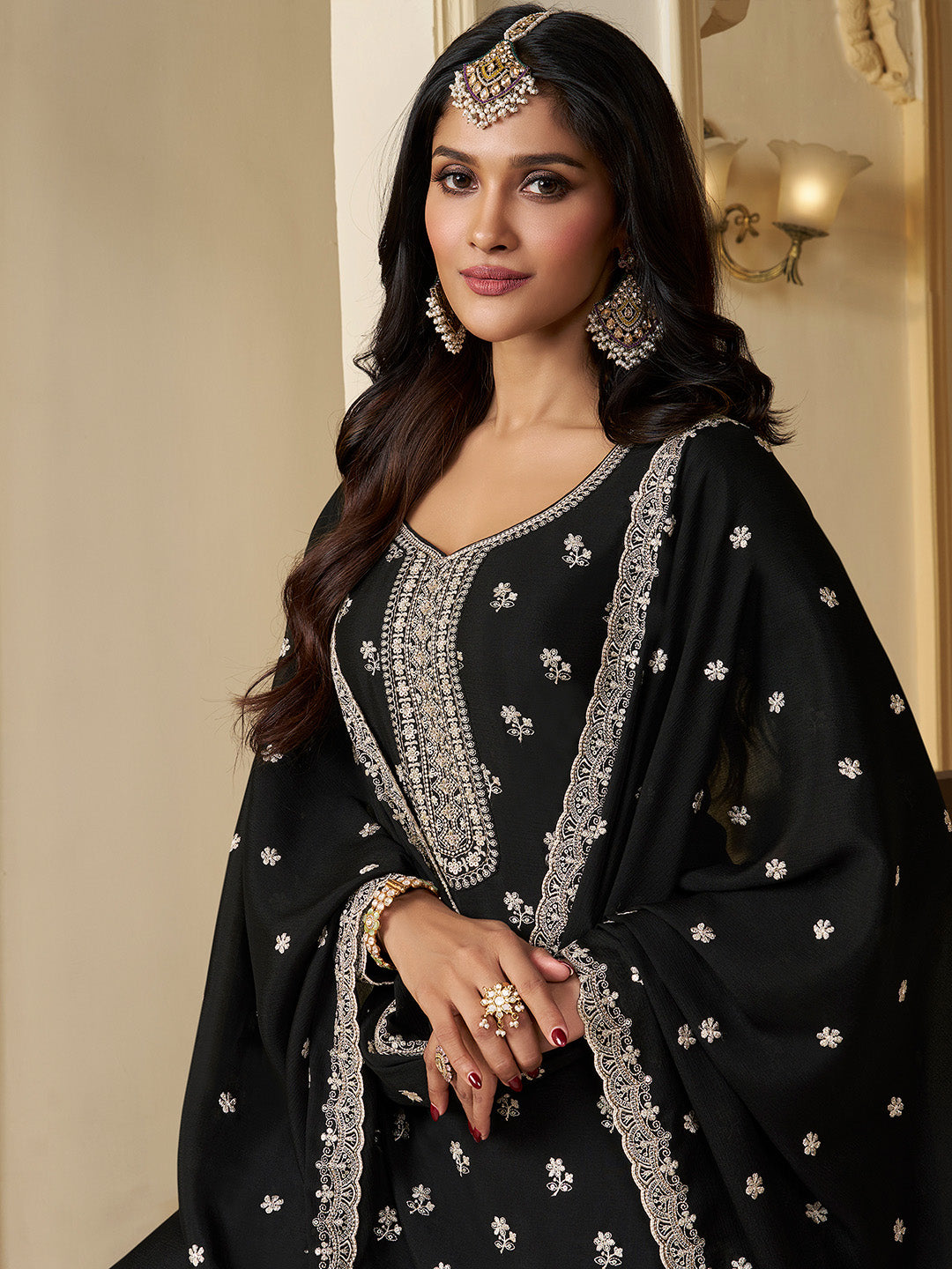 Black Chinon Top with Thread Embroidery and Sharara Suit Set