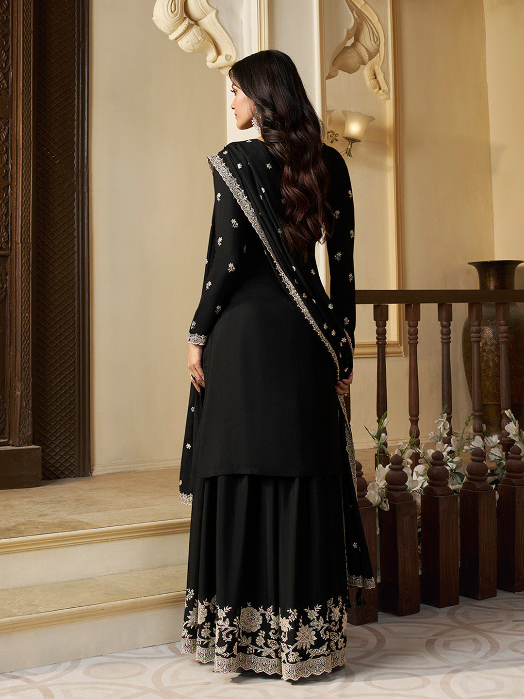 Black Chinon Top with Thread Embroidery and Sharara Suit Set