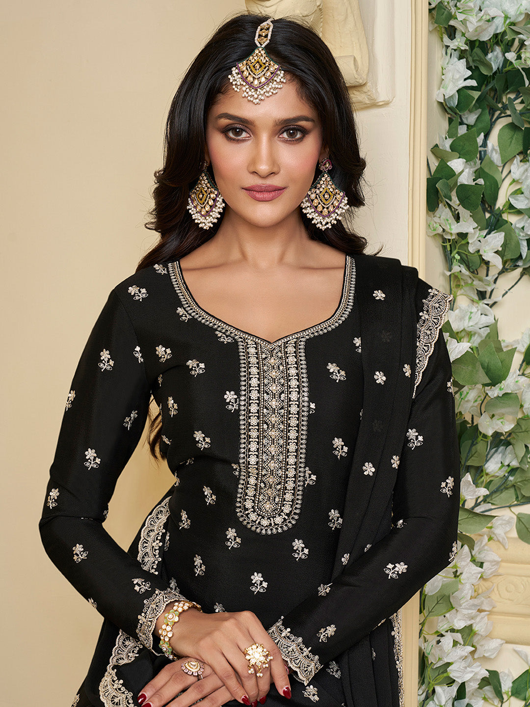 Black Chinon Top with Thread Embroidery and Sharara Suit Set
