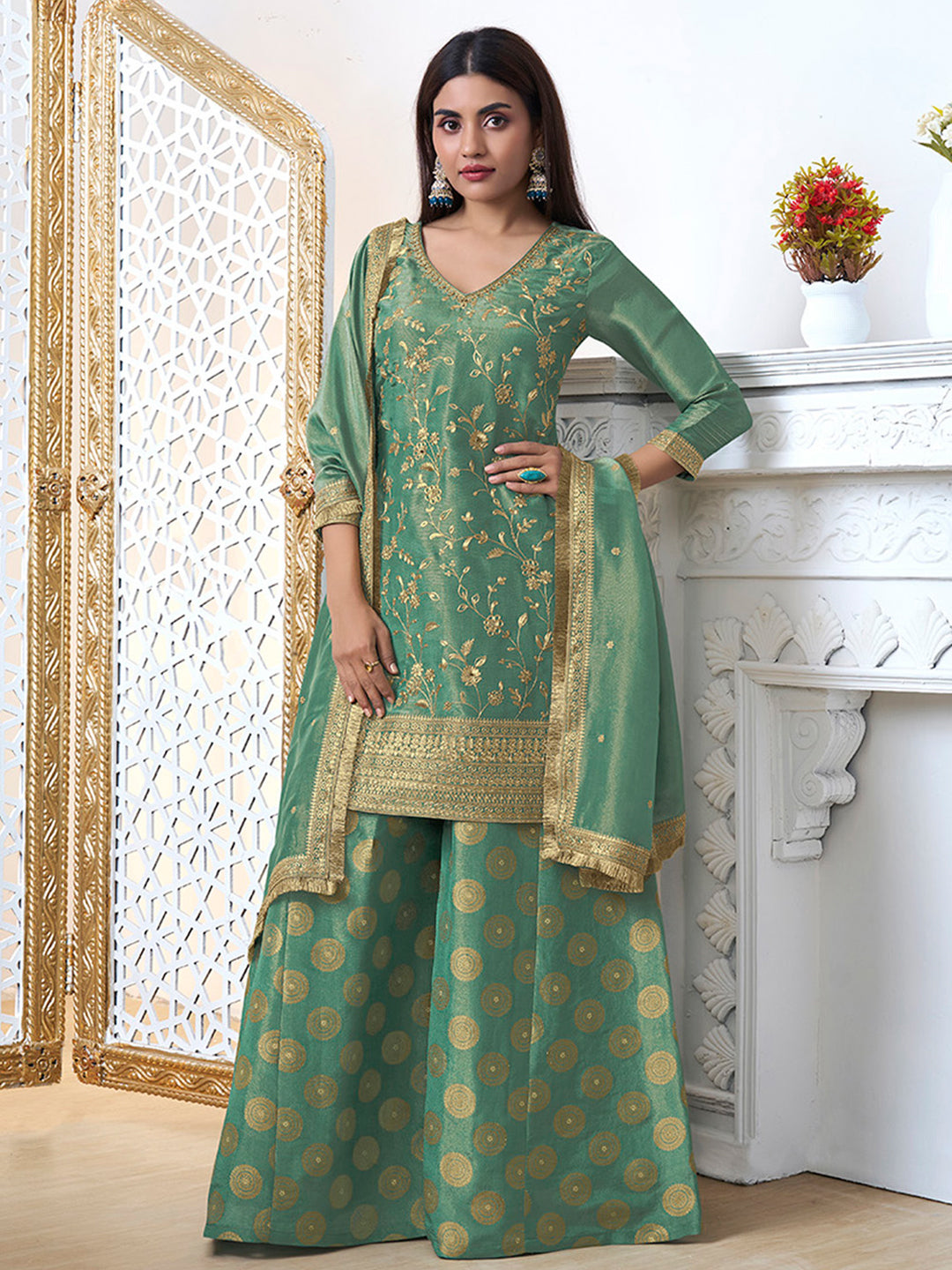 Lime Green Sharara Suit Set in Tissue with Pitta Work Dupatta