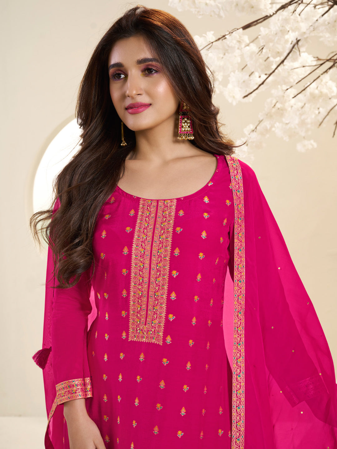 Hot Pink Muslin Jacquard Kurta Suit Set with Multi Contrast Thread Weave & Paisley Pattern Daman Product vendor
