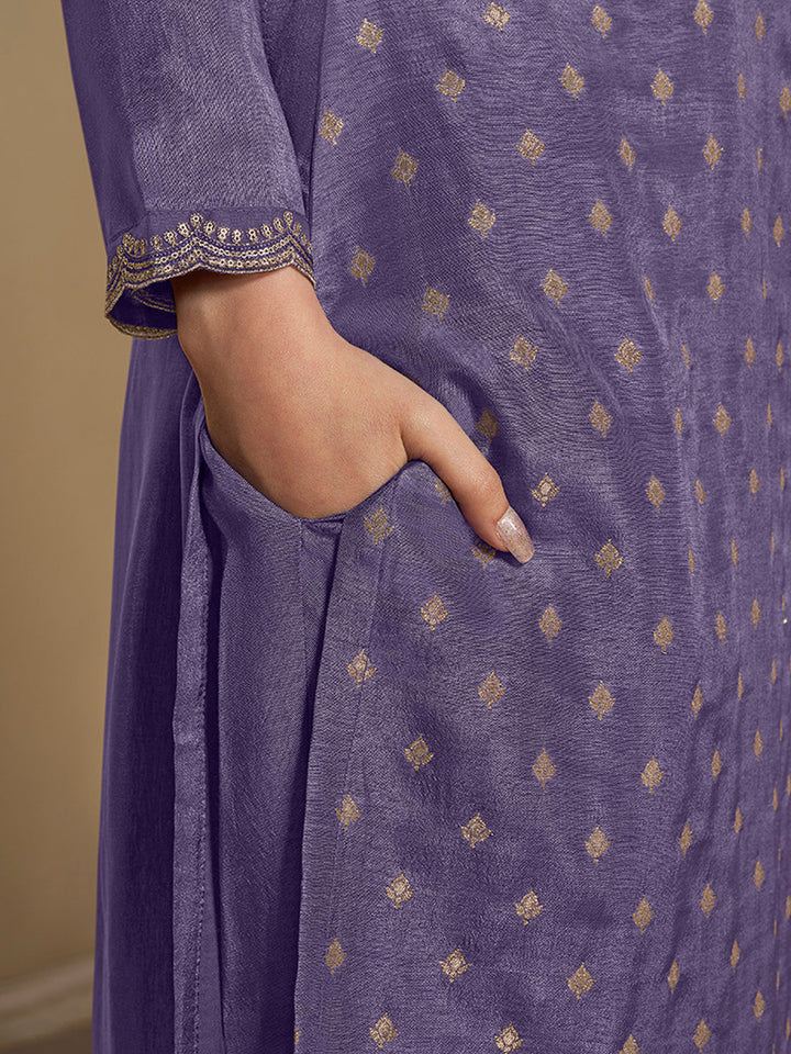 Lavender Dola Jacquard Kurta Suit Set with Embroidered with Thread & Sequins Work Product vendor