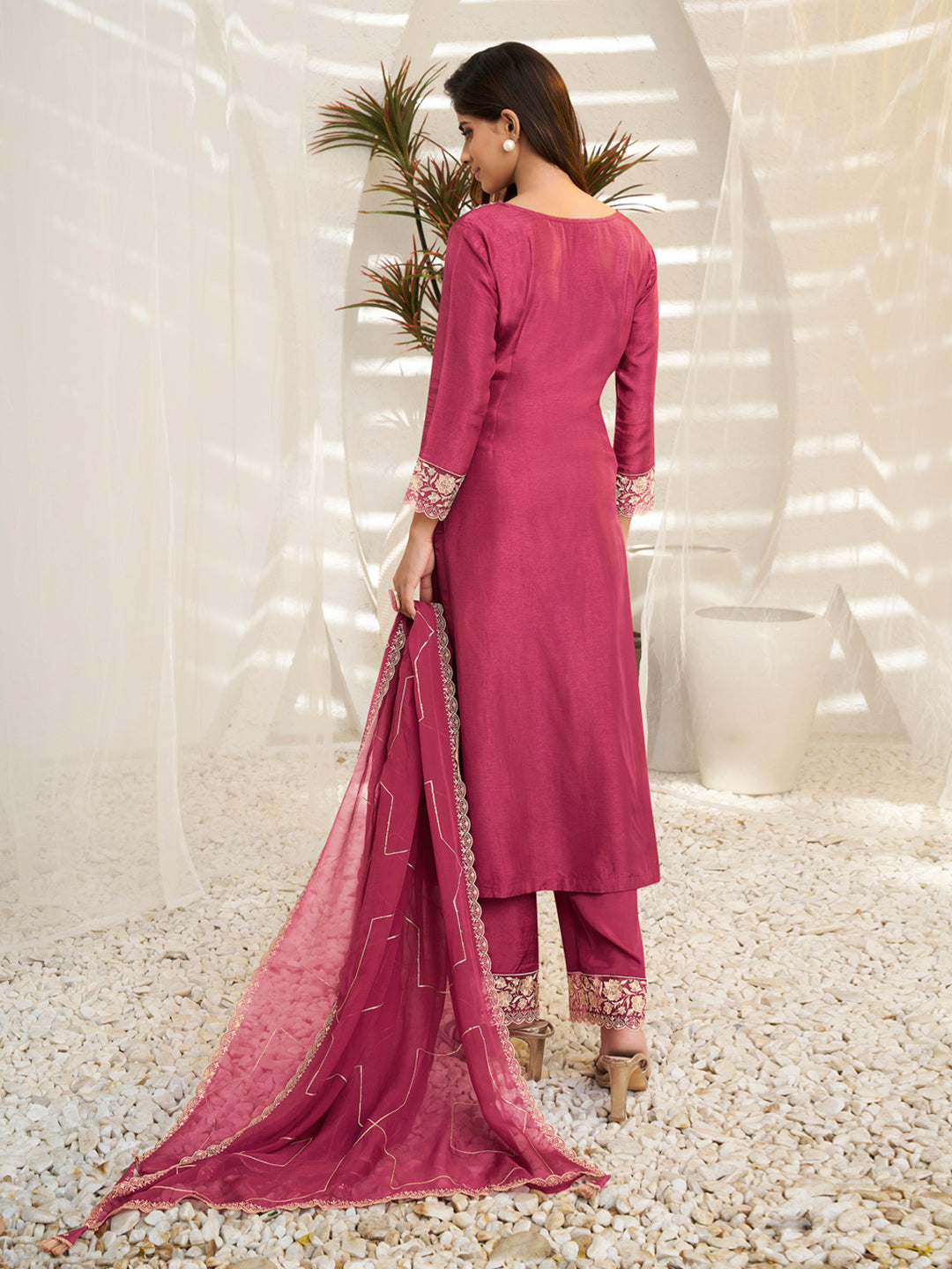 Floral + Geometric thread work & Hanging Pearl on Daman Kurta With Straight Pant & Dupatta Product vendor